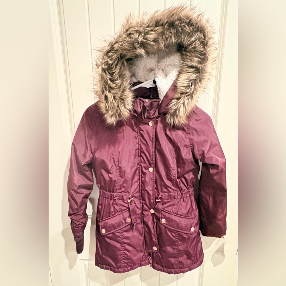 Kids Maroon Hooded Jacket with Faux Fur Trim
